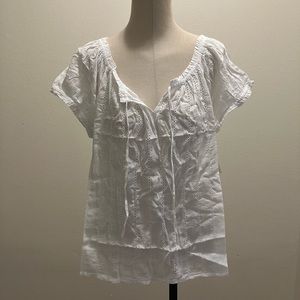 New White Short Sleeve Eyelet Tie Neck Top